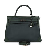 Pre-owned Hermes Ghillies Kelly 35 Retourne Vert Fonce Clemence and Vert Anglais Evercolor Palladium Hardware