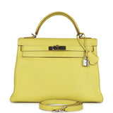 Pre-owned Hermes Kelly Retourne 32 Lime Candy Epsom Palladium Hardware