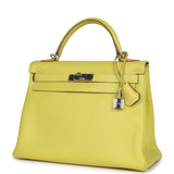 Pre-owned Hermes Kelly Retourne 32 Lime Candy Epsom Palladium Hardware