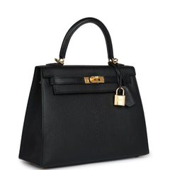 Pre-owned Hermes Kelly Sellier 25 Black Chevre Mysore Gold Hardware
