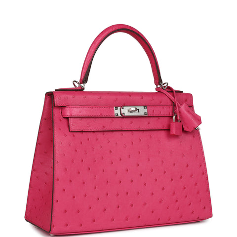 Hermes Kelly Sellier 28 Rose Tyrien Ostrich Palladium Hardware