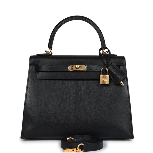 Hermes Kelly Sellier 25 Black Chevre Mysore Gold Hardware