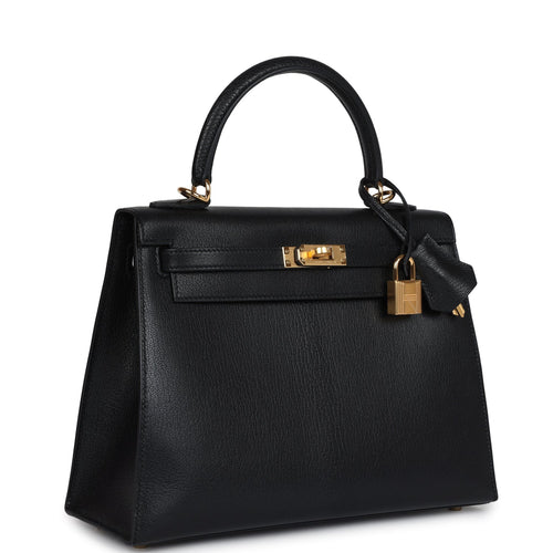 Hermes Kelly Sellier 25 Black Chevre Mysore Gold Hardware