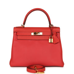 Pre-owned Hermes Kelly Retourne 28 Rouge Pivoine Togo Gold Hardware