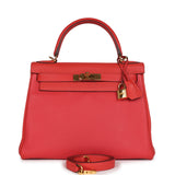 Pre-owned Hermes Kelly Retourne 28 Rouge Pivoine Togo Gold Hardware