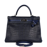 Pre-owned Hermes Kelly Retourne 35 Bleu Indigo Matte Alligator and Bleu Saphir Swift and Clemence Palladium Hardware