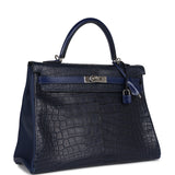 Pre-owned Hermes Kelly Retourne 35 Bleu Indigo Matte Alligator and Bleu Saphir Swift and Clemence Palladium Hardware