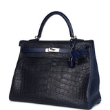 Pre-owned Hermes Kelly Retourne 35 Bleu Indigo Matte Alligator and Bleu Saphir Swift and Clemence Palladium Hardware