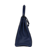 Pre-owned Hermes Kelly Retourne 35 Bleu Indigo Matte Alligator and Bleu Saphir Swift and Clemence Palladium Hardware