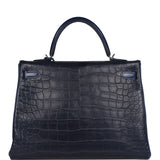 Pre-owned Hermes Kelly Retourne 35 Bleu Indigo Matte Alligator and Bleu Saphir Swift and Clemence Palladium Hardware