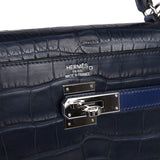 Pre-owned Hermes Kelly Retourne 35 Bleu Indigo Matte Alligator and Bleu Saphir Swift and Clemence Palladium Hardware