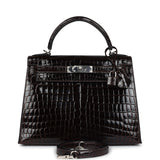 Pre-owned Hermes Kelly Sellier 28 Cocoan Shiny Niloticus Crocodile Palladium Hardware