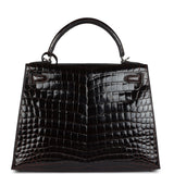 Pre-owned Hermes Kelly Sellier 28 Cocoan Shiny Niloticus Crocodile Palladium Hardware