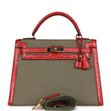 Vintage Hermes Kelly Sellier 32 Rouge Vif Ostrich and Vert Olive Officier Canvas Gold Hardware