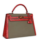 Vintage Hermes Kelly Sellier 32 Rouge Vif Ostrich and Vert Olive Officier Canvas Gold Hardware