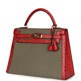 Vintage Hermes Kelly Sellier 32 Rouge Vif Ostrich and Vert Olive Officier Canvas Gold Hardware