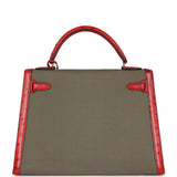 Vintage Hermes Kelly Sellier 32 Rouge Vif Ostrich and Vert Olive Officier Canvas Gold Hardware