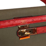 Vintage Hermes Kelly Sellier 32 Rouge Vif Ostrich and Vert Olive Officier Canvas Gold Hardware