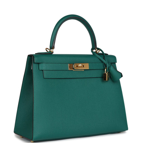 Pre-owned Hermes Kelly Sellier 28 Malachite Epsom Gold Hardware
