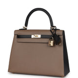 Hermes Special Order (HSS) Kelly Sellier 25 Black and Etoupe Chevre Mysore Permabrass Hardware