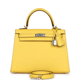 Pre-owned Hermes Kelly Sellier 25 Jaune De Naples Epsom Palladium Hardware