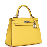 Pre-owned Hermes Kelly Sellier 25 Jaune De Naples Epsom Palladium Hardware