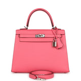 Pre-owned Hermes Kelly Sellier 25 Rose Azalee Epsom Palladium Hardware