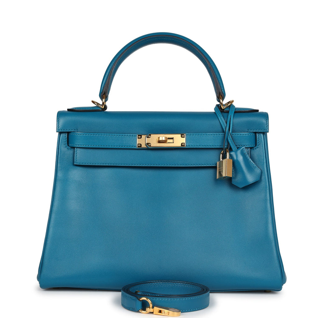 Pre-owned Hermes Kelly Sellier 28 Bleu Atoll Epsom Palladium