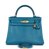 Hermes Kelly Retourne 28 Bleu Izmir Tadelakt Gold Hardware