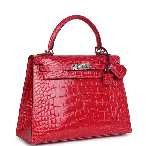 Hermes Kelly Sellier 25 Rose Extreme Shiny Alligator Palladium Hardware