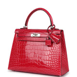 Hermes Kelly Sellier 25 Rose Extreme Shiny Alligator Palladium Hardware