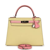 Pre-owned Hermes Special Order (HSS) Kelly Sellier 28 Rose Confetti and Jaune Poussin Epsom Palladium Hardware