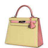 Pre-owned Hermes Special Order (HSS) Kelly Sellier 28 Rose Confetti and Jaune Poussin Epsom Palladium Hardware