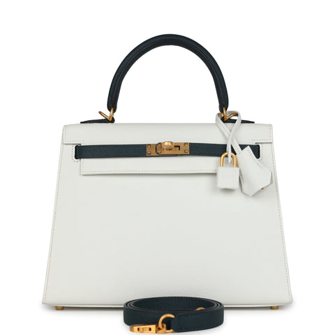 Hermes Special Order (HSS) Kelly Sellier 25 White and Vert Cypress Epsom Brushed Gold Hardware