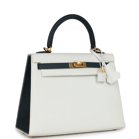 Hermes Special Order (HSS) Kelly Sellier 25 White and Vert Cypress Epsom Brushed Gold Hardware