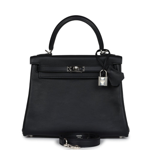 Pre-owned Hermes Kelly Retourne 25 Black Swift Palladium Hardware