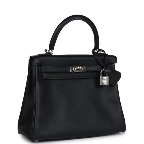 Pre-owned Hermes Kelly Retourne 25 Black Swift Palladium Hardware