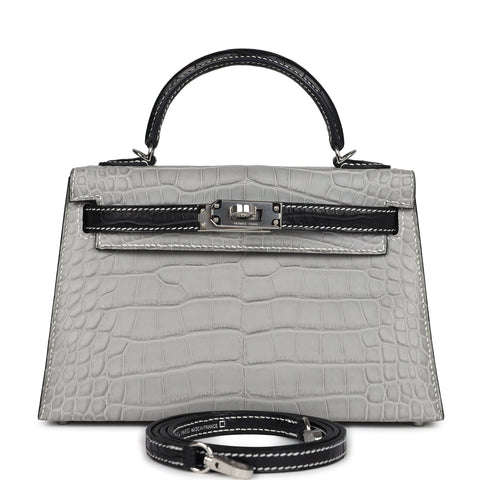 Hermes Special Order (HSS) Kelly Sellier 20 Gris Perle and Black Matte Alligator Palladium Hardware