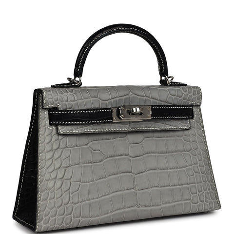 Hermes Special Order (HSS) Kelly Sellier 20 Gris Perle and Black Matte Alligator Palladium Hardware