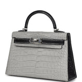 Hermes Special Order (HSS) Kelly Sellier 20 Gris Perle and Black Matte Alligator Palladium Hardware