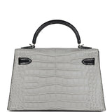 Hermes Special Order (HSS) Kelly Sellier 20 Gris Perle and Black Matte Alligator Palladium Hardware