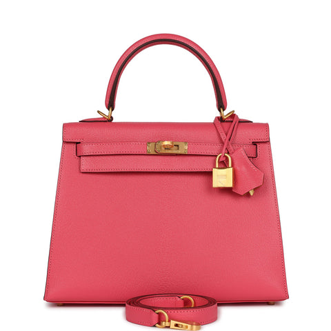 Hermes Special Order (HSS) Kelly Sellier 25 Rose Lipstick Verso Chevre Brushed Gold Hardware