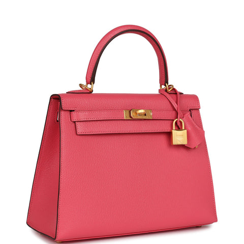 Hermes Special Order (HSS) Kelly Sellier 25 Rose Lipstick Verso Chevre Brushed Gold Hardware