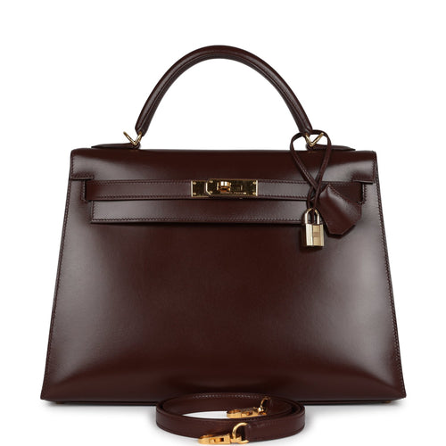 Vintage Hermes Kelly Sellier 32 Havane Box Gold Hardware