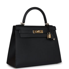 Pre-owned Hermes Kelly Sellier 28 Black Epsom Permabrass Hardware
