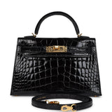 Hermes Kelly Sellier 20 Black Shiny Alligator Gold Hardware