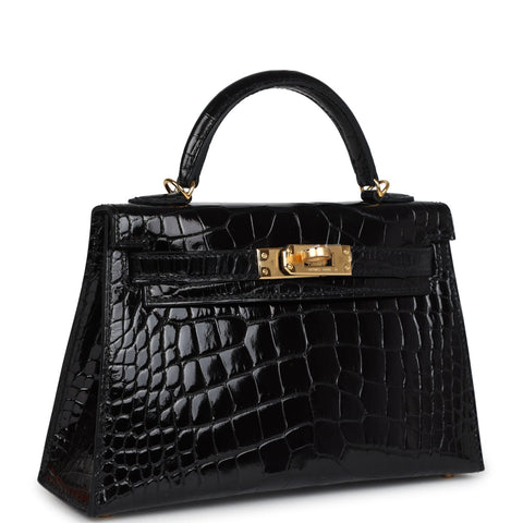 Hermes Kelly Sellier 20 Black Shiny Alligator Gold Hardware