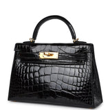 Hermes Kelly Sellier 20 Black Shiny Alligator Gold Hardware