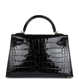 Hermes Kelly Sellier 20 Black Shiny Alligator Gold Hardware