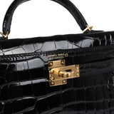 Hermes Kelly Sellier 20 Black Shiny Alligator Gold Hardware